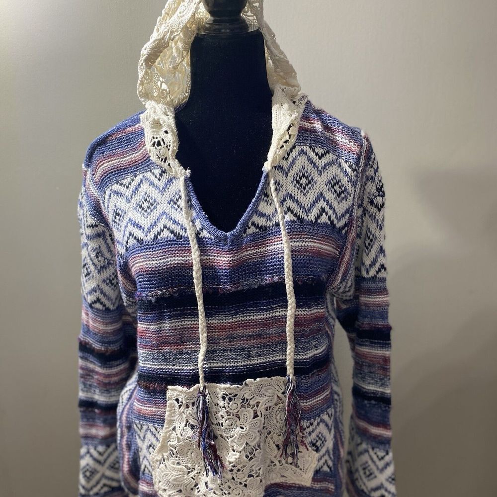 American Rag Womens Boho Crochet Lace Accent Hooded Sweater Sz Med MultiColor